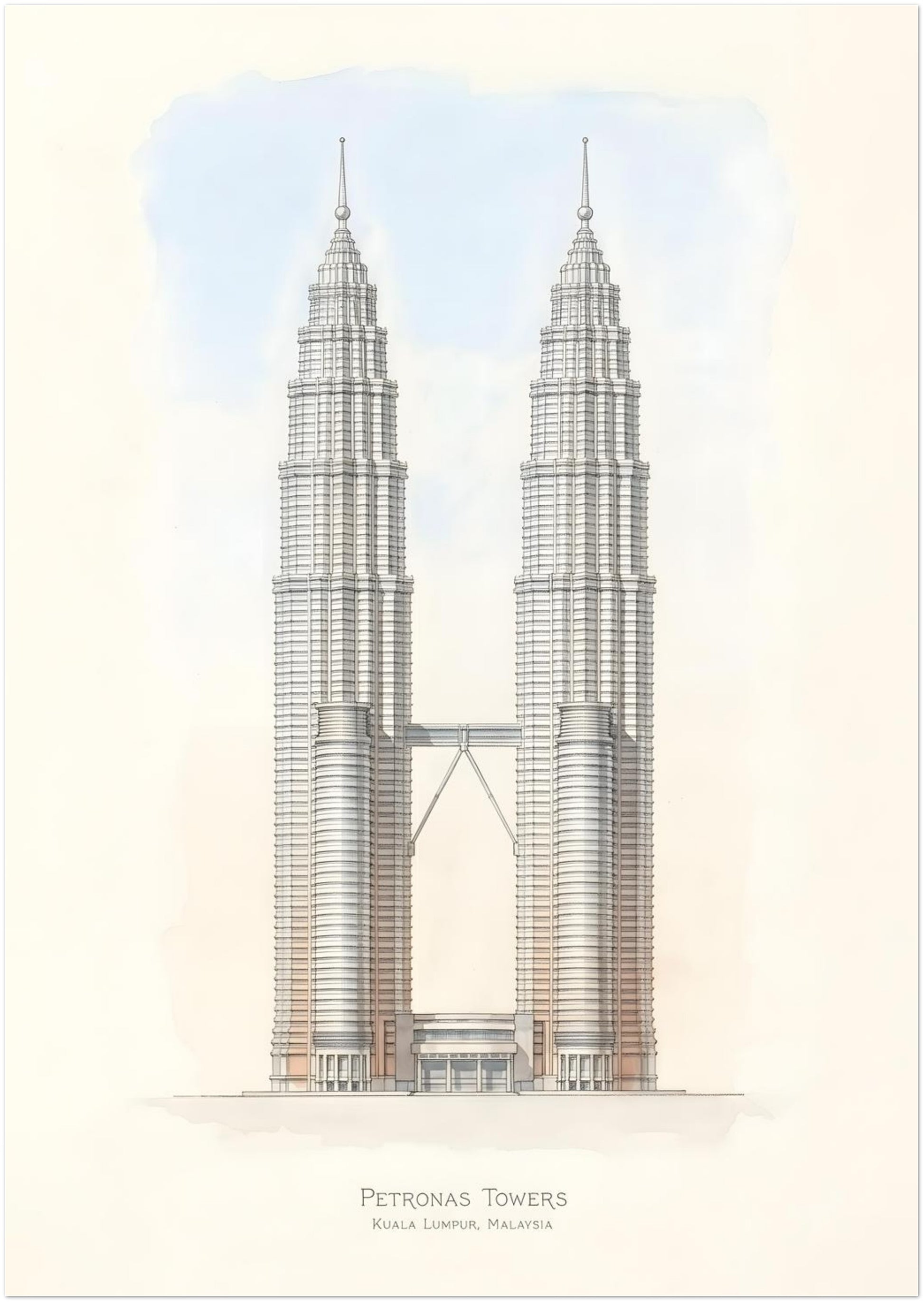 8x12 inch unframed Petronas Towers architectural skyline print showing the Kuala Lumpur Twin Towers in a detailed line illustration. The symmetrical skyscrapers and connecting sky bridge are set against a soft sky background with neutral colours, creating minimalist Malaysia architecture wall art ideal for modern home or office decor.