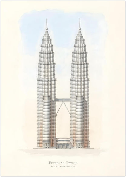 8x12 inch unframed Petronas Towers architectural skyline print showing the Kuala Lumpur Twin Towers in a detailed line illustration. The symmetrical skyscrapers and connecting sky bridge are set against a soft sky background with neutral colours, creating minimalist Malaysia architecture wall art ideal for modern home or office decor.