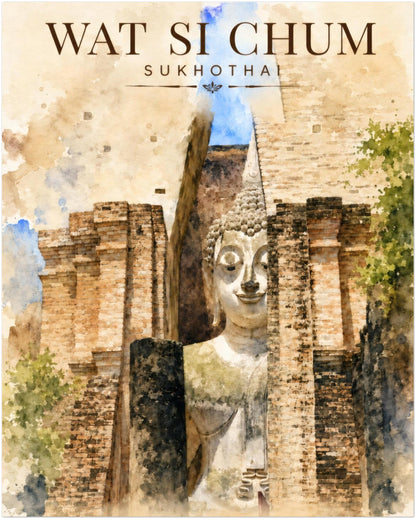 Wat Si Chum Sukhothai art print featuring the monumental seated Buddha framed by ancient brick temple ruins, illustrated in warm sandstone, cream, muted green and soft blue watercolour tones.
