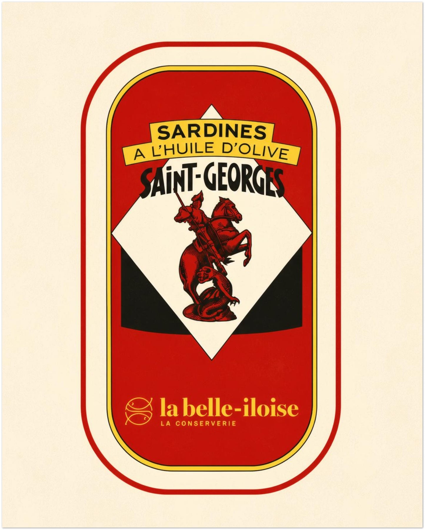 8 x 10 inch unframed French Saint-Georges sardine tin art print, showing bold red, cream, yellow and black vintage food packaging in a portrait format.