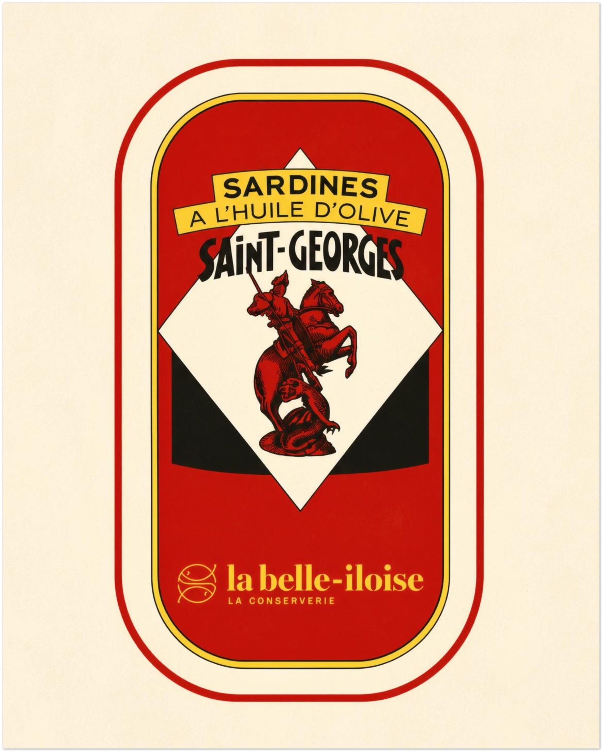 8 x 10 inch unframed French Saint-Georges sardine tin art print, showing bold red, cream, yellow and black vintage food packaging in a portrait format.