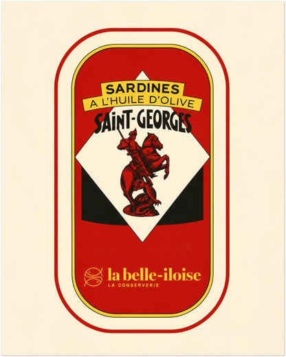 8 x 10 inch unframed French Saint-Georges sardine tin art print, showing bold red, cream, yellow and black vintage food packaging in a portrait format.