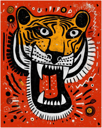 8x10 inch unframed Malayan Tiger wall art featuring a stylised tiger head with open jaws, white fangs and red tongue. The vivid orange backdrop and bold black and white striping are enhanced by circular tribal accents, creating compact contemporary big cat artwork for smaller wall displays.