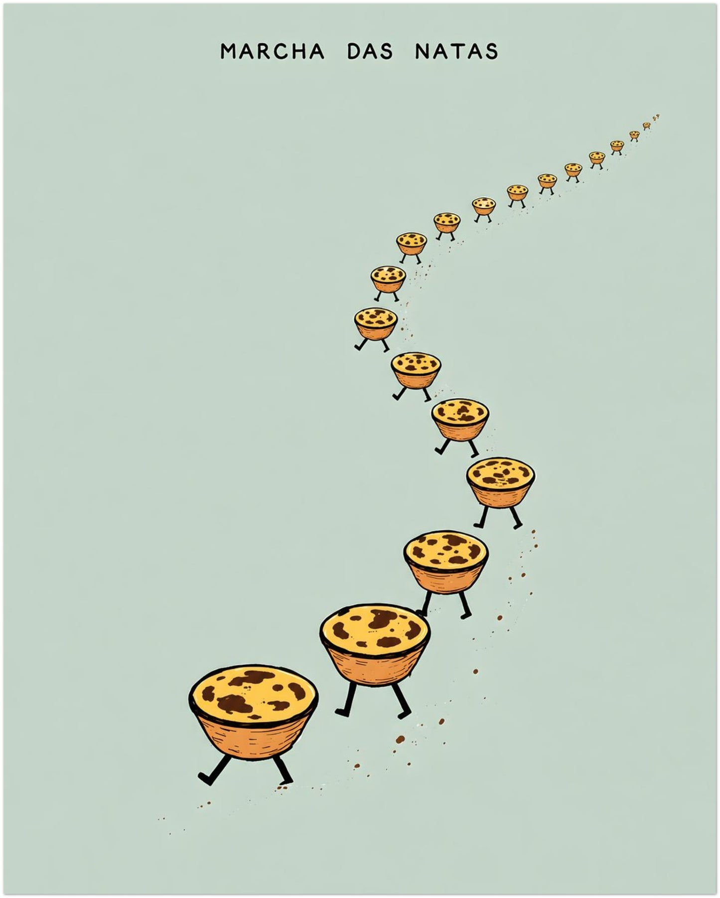 8x10 inch unframed Marcha das Natas poster showing funny illustrated pastel de nata custard tarts marching across a pale mint green background, inspired by Portuguese food and travel.