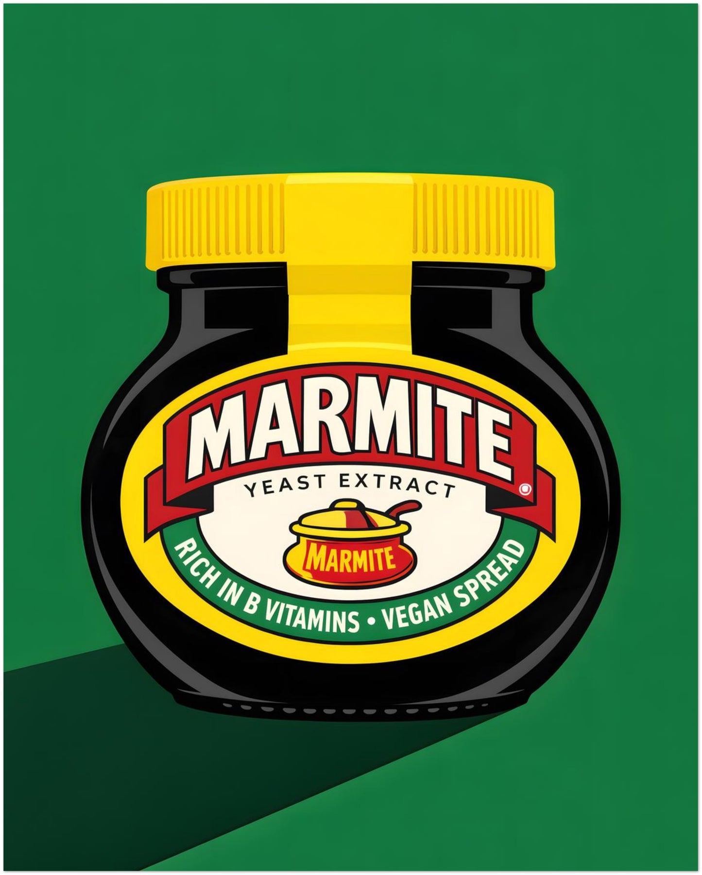 8x10 inch unframed Marmite pop art print showing a black Marmite jar with a bright yellow lid, red and cream label, and solid green background. Clean graphic shapes and bold contrast give it a modern British food wall art look. A compact size that suits kitchen shelves, breakfast nooks, gallery walls or small dining spaces needing quirky British kitchen decor.