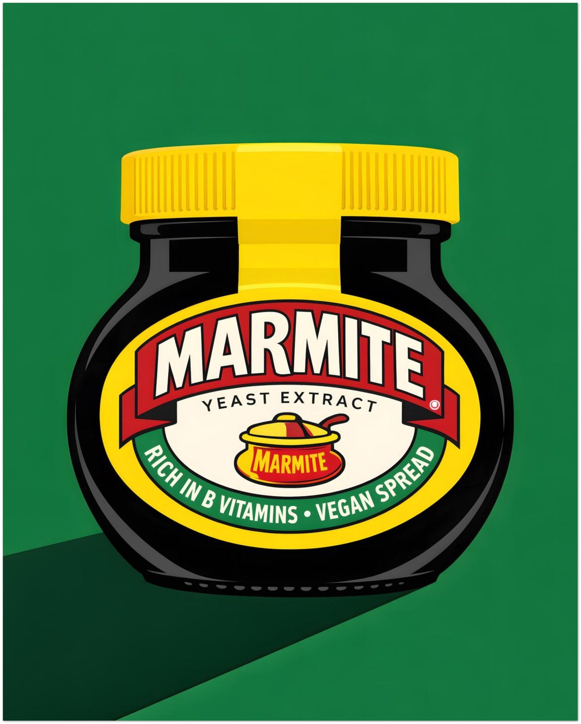 8x10 inch unframed Marmite pop art print showing a black Marmite jar with a bright yellow lid, red and cream label, and solid green background. Clean graphic shapes and bold contrast give it a modern British food wall art look. A compact size that suits kitchen shelves, breakfast nooks, gallery walls or small dining spaces needing quirky British kitchen decor.