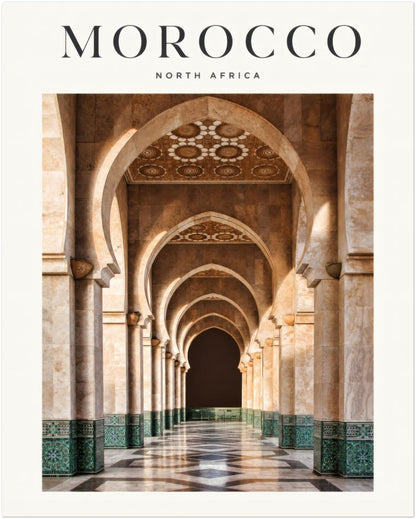 8x10 inch unframed Morocco travel poster showing Hassan II Mosque in Casablanca, with repeating stone arches, green zellige tilework and symmetrical Moroccan architecture.