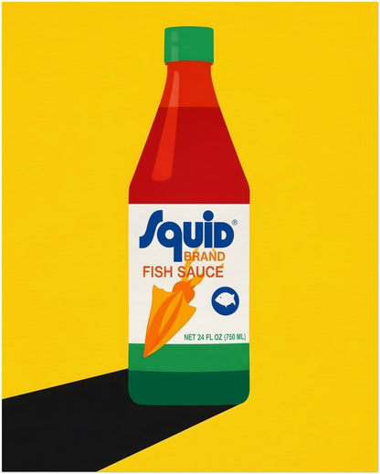 8x10 inch unframed Thai fish sauce poster with a graphic Squid Fish Sauce bottle on a vivid yellow background. The design combines bold red, green, white and black details with a clean pop art layout and sharp shadowing. This food wall art print works well as kitchen decor, dining room poster art, Asian pantry artwork or a bright modern print for colourful home styling.