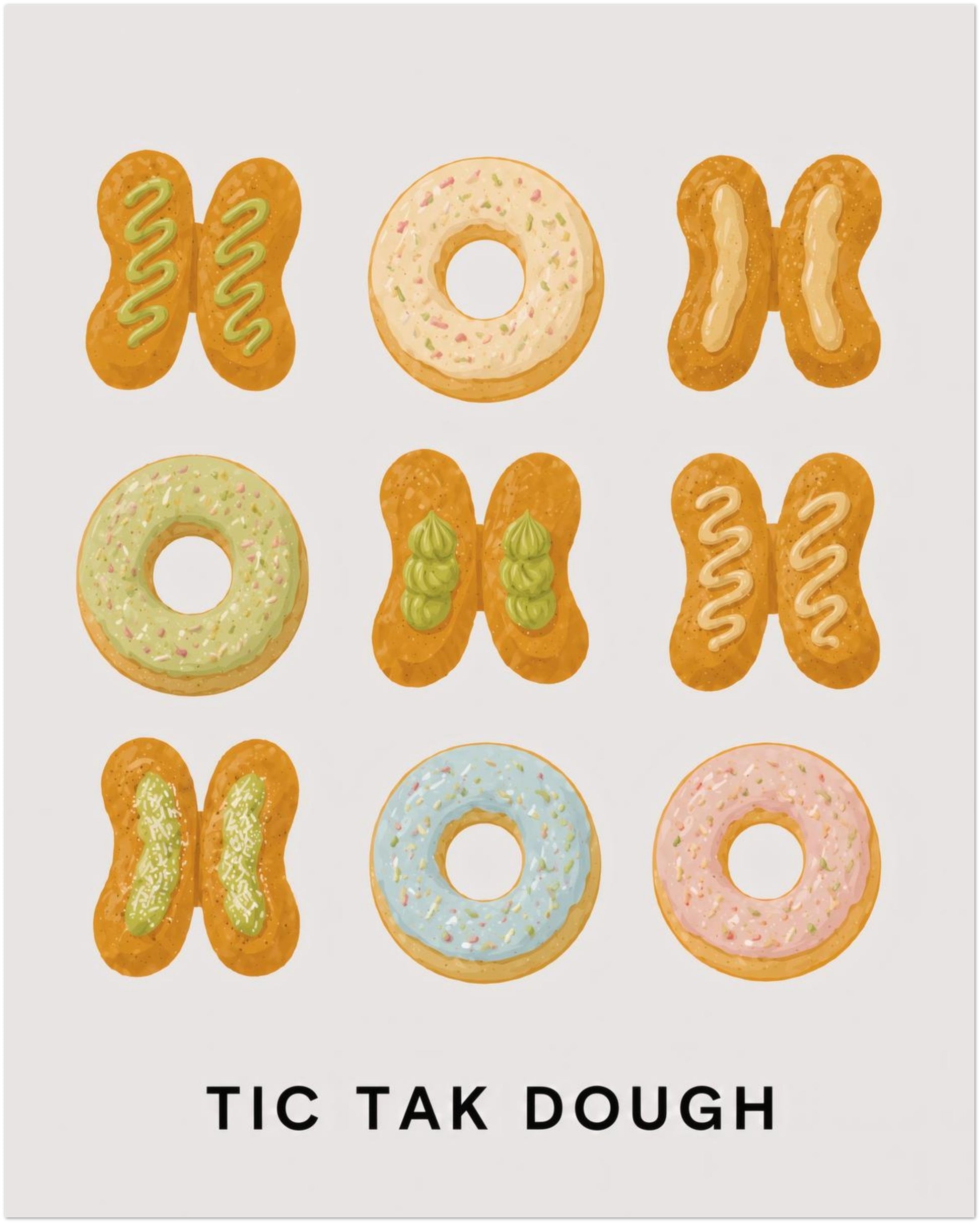 8x10 inch unframed Thai patongo doughnut poster showing nine golden fried dough and pastel iced doughnut illustrations arranged in a tic-tac-toe grid above the words TIC TAK DOUGH.