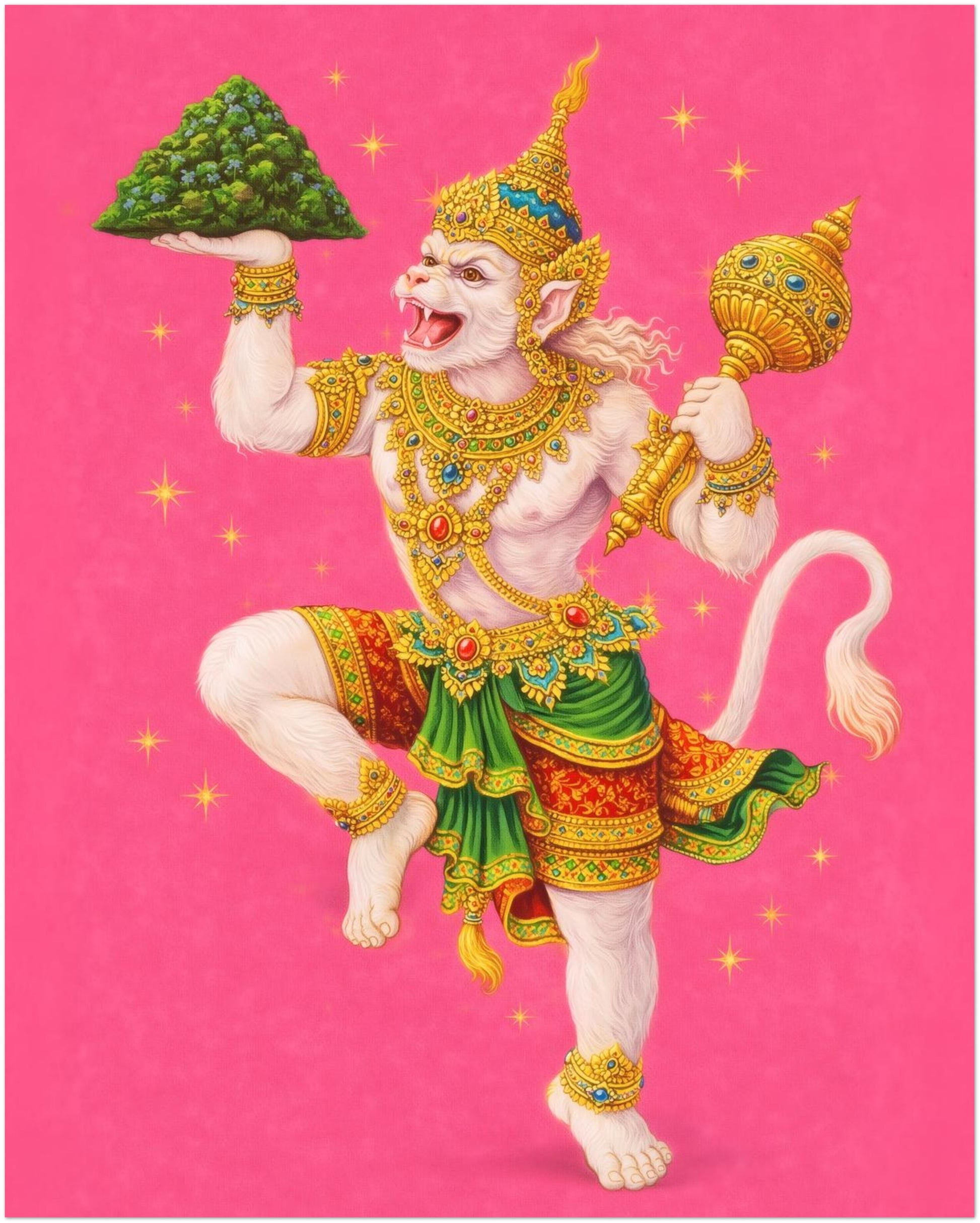 8x10 inch unframed Thai Hanuman Ramakien art print showing the Hindu monkey god in dynamic pose with ornate gold detailing on a bright pink background. The smaller format retains strong colour vibrancy and cultural symbolism. A spiritual mythology poster influenced by Thai Ramakien and Hindu epic art traditions.