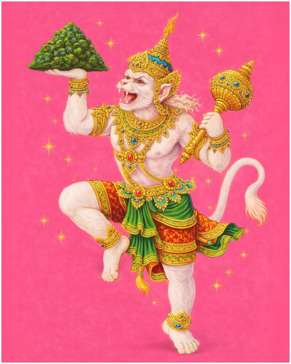 8x10 inch unframed Thai Hanuman Ramakien art print showing the Hindu monkey god in dynamic pose with ornate gold detailing on a bright pink background. The smaller format retains strong colour vibrancy and cultural symbolism. A spiritual mythology poster influenced by Thai Ramakien and Hindu epic art traditions.