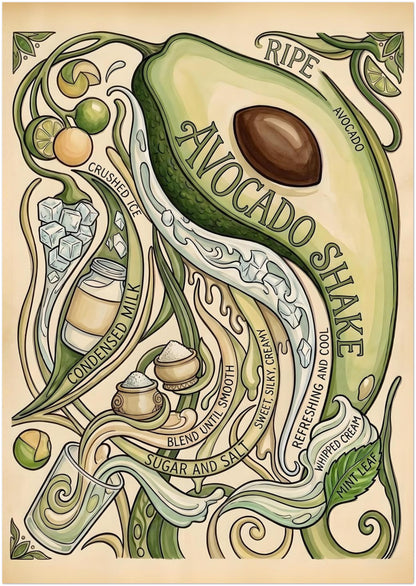 8x12 inch unframed avocado shake recipe poster with a detailed vintage-style avocado illustration in soft green and cream colours. The artwork shows a cut avocado, swirling botanical vines, small fruit details and curved recipe lettering arranged in a decorative layout. A food poster design that works well as kitchen wall art, café decor or botanical fruit print styling.