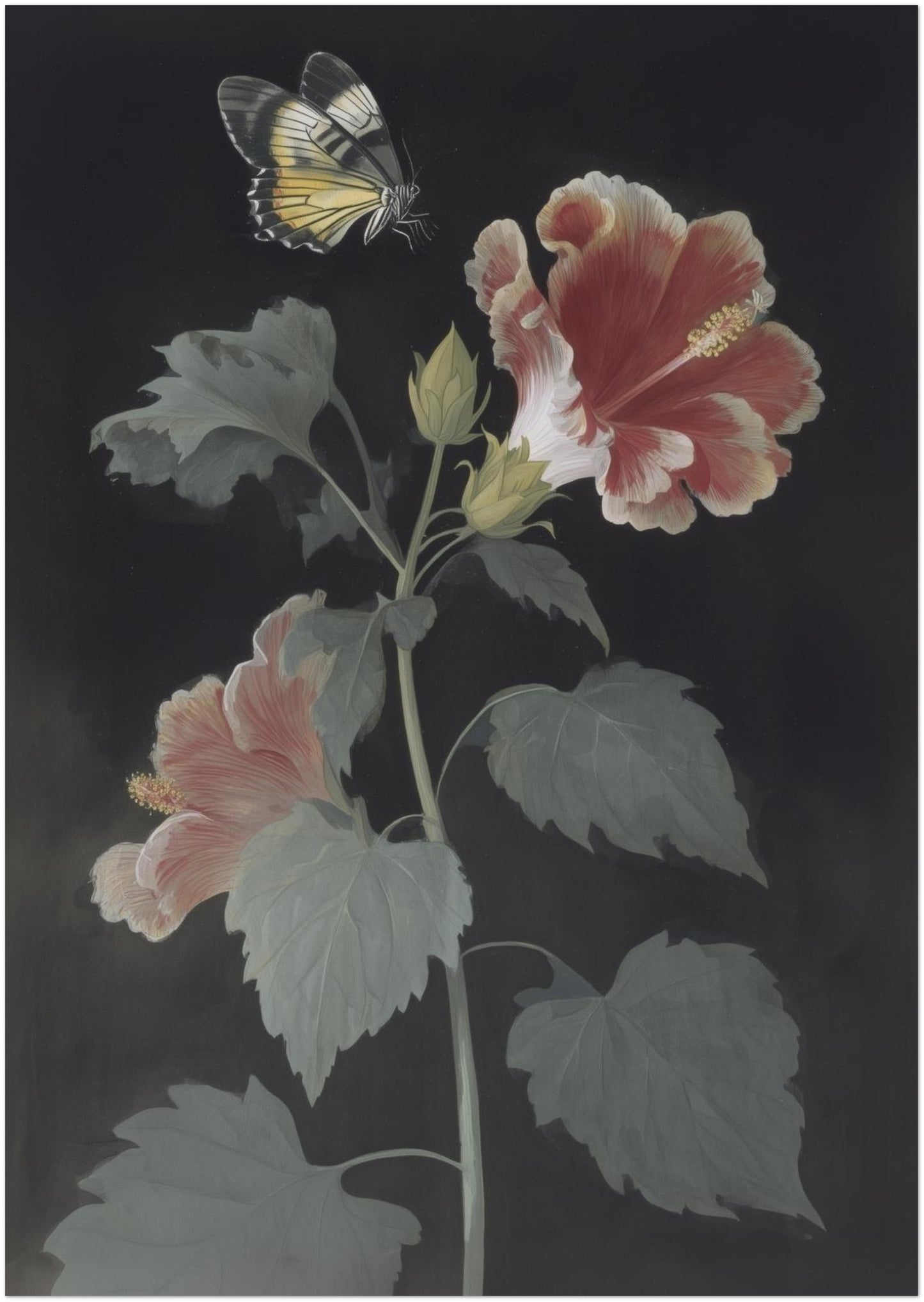 8x12 inch unframed Malaysian hibiscus poster featuring a tall Bunga Raya plant with soft red and pink flowers and muted leaves on a dark background. A Rajah Brooke’s Birdwing butterfly appears above the bloom. Vertical botanical wall art combining tropical flower detail with vintage botanical illustration style.