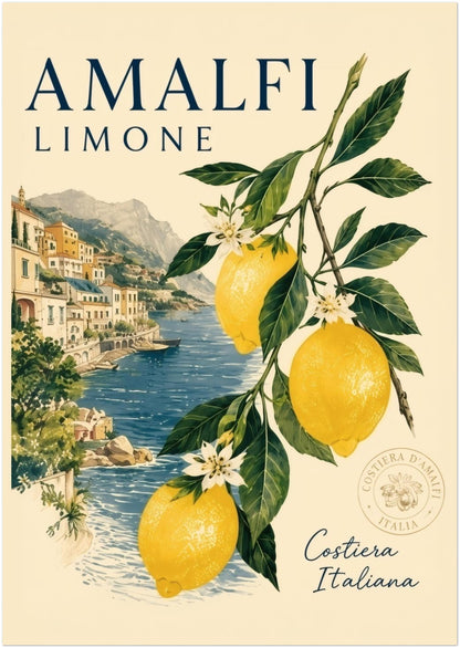 8x12 inch unframed Amalfi Coast lemon wall art showing yellow lemons, green leaves, white blossom flowers and a seaside Italian village beside blue water. A fresh Mediterranean poster for summer home decor, kitchen walls, dining rooms and travel inspired interiors.
