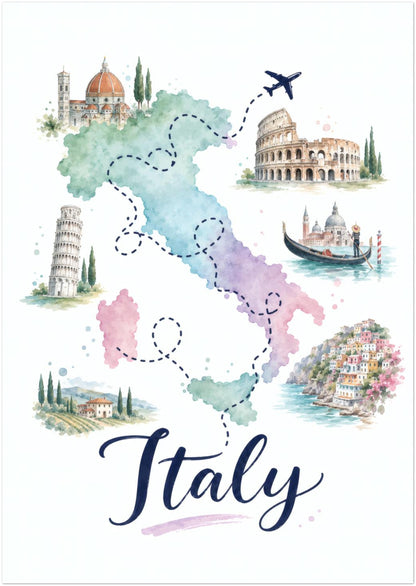 Unframed 8 x 12 inch Italy map print featuring a pastel watercolour map in green, blue, pink and purple. Illustrated Italian landmarks, coastal scenes, dotted journey lines and a small flying aeroplane surround the country, with bold navy Italy script below. A colourful portrait travel poster for an Italian-inspired gallery wall.