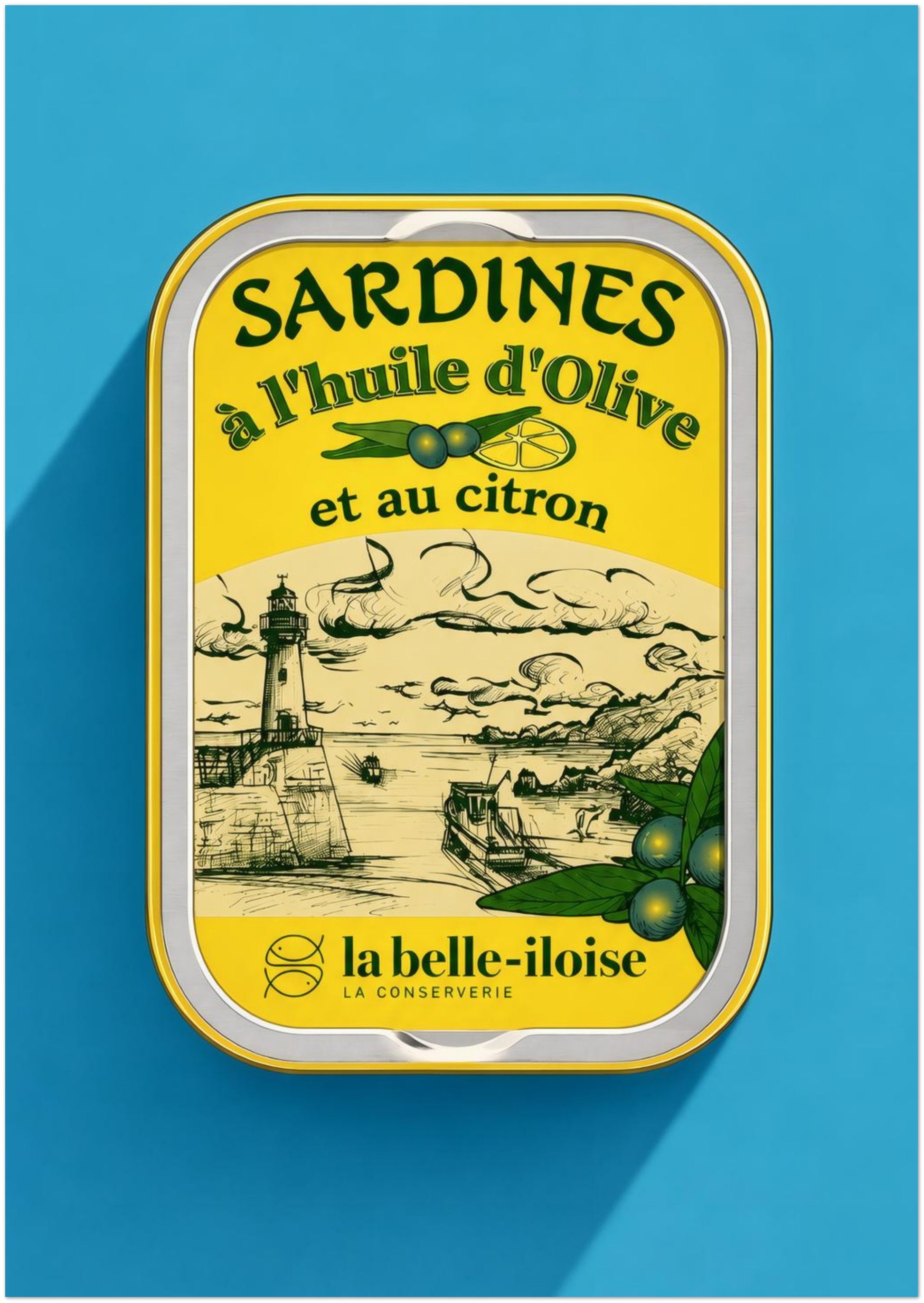 8 x 12 inch unframed French sardine tin art print with a yellow retro food label centred on a bright turquoise background, finished with French text, olive branches and coastal artwork.