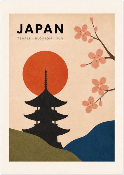 Unframed 8 x 12 inch Japanese travel print showing a black pagoda beneath a large red sun, with pink cherry blossoms, olive green land and a deep blue hill. The warm cream background and simple retro shapes give this Japan wall art a vintage poster look suited to small spaces, reading corners, offices and travel gallery walls.
