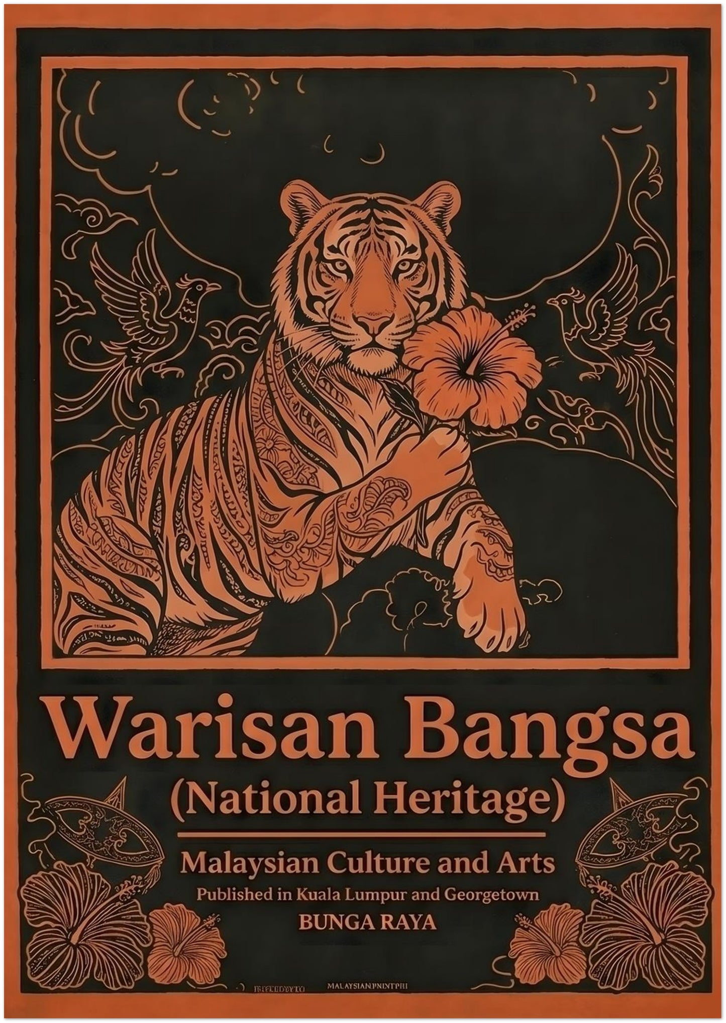 8x12 unframed Malaysia cultural poster Warisan Bangsa National Heritage featuring a stylised tiger holding a hibiscus flower. Ornamental birds, floral patterns and decorative lines form a balanced border around the illustration. Bold orange artwork on a dark background gives the piece a vintage Malaysian wall art look inspired by traditional decorative illustration.