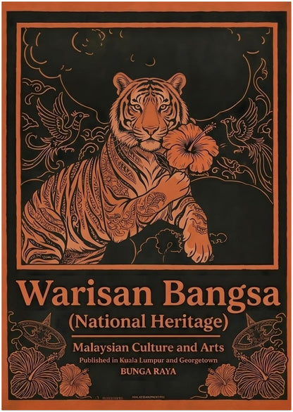 8x12 unframed Malaysia cultural poster Warisan Bangsa National Heritage featuring a stylised tiger holding a hibiscus flower. Ornamental birds, floral patterns and decorative lines form a balanced border around the illustration. Bold orange artwork on a dark background gives the piece a vintage Malaysian wall art look inspired by traditional decorative illustration.