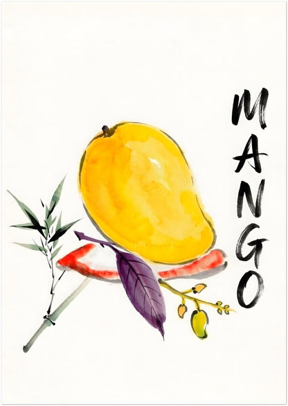 8x12 inch unframed mango wall art print shown front on against a plain light background. The artwork includes a hand-painted yellow mango with soft loose brushwork, green leaves, a purple leaf, a delicate fruit branch and bold black vertical MANGO text. The white background keeps the look simple and modern, making it well suited to tropical fruit wall art, kitchen poster styling and botanical print arrangements.