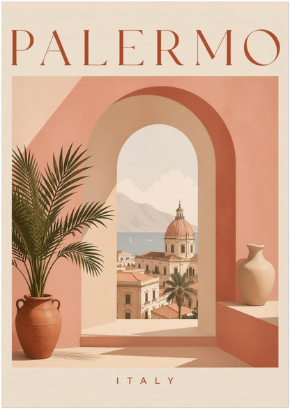 Unframed 8 x 12 inch Palermo Italy travel poster with a warm pastel palette of peach, terracotta, cream and muted green. The design shows PALERMO text, an arched Mediterranean view, a potted palm and historic Sicilian buildings, finished with ITALY beneath. A slim portrait print for modern travel-inspired wall decor.