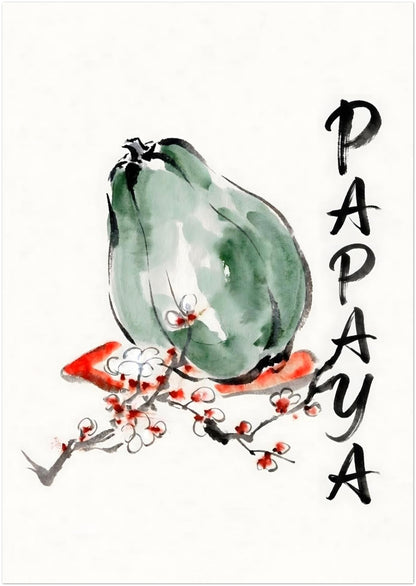 8x12 inch unframed papaya wall art shown front facing on a plain background. The print features a soft green papaya, loose black brushwork, a red and white blossom branch, and tall vertical PAPAYA lettering along the side. Tropical fruit poster with a clean watercolour look, ideal for kitchen wall art, botanical decor, minimalist interiors, breakfast nooks and modern Asian inspired styling.