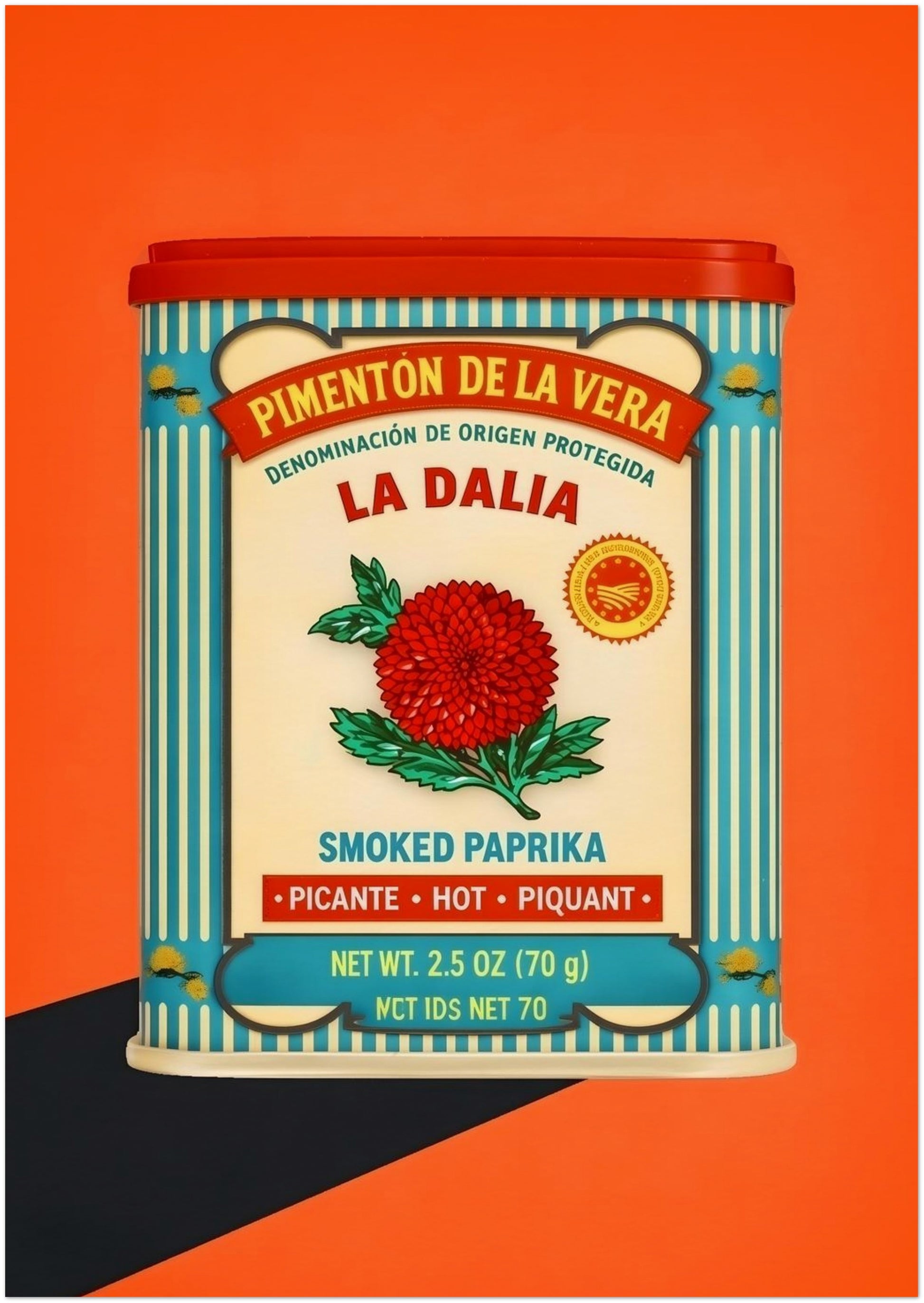 8x12 unframed print of the Spanish Smoked Paprika Tin artwork, displayed upright against a vivid orange background in a simple product image. The piece shows a vintage spice tin layout with a red lid, cream label, blue striped border, red flower and Spanish text. Good for Mediterranean kitchen decor, Spanish food wall art, pantry print ideas and retro packaging art keywords.