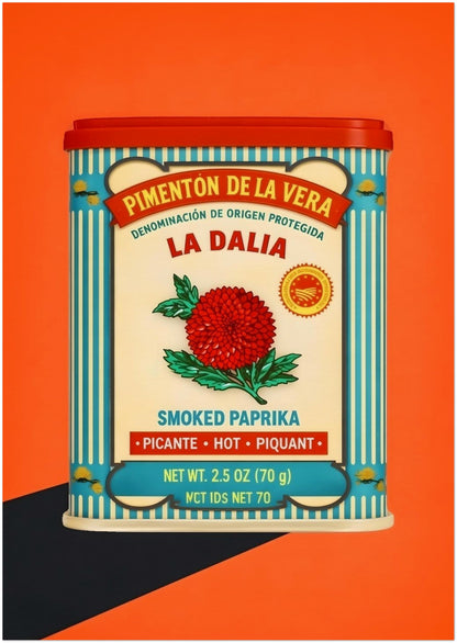8x12 unframed print of the Spanish Smoked Paprika Tin artwork, displayed upright against a vivid orange background in a simple product image. The piece shows a vintage spice tin layout with a red lid, cream label, blue striped border, red flower and Spanish text. Good for Mediterranean kitchen decor, Spanish food wall art, pantry print ideas and retro packaging art keywords.