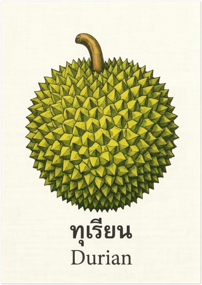 Unframed 8x12 Thai durian wall art print showing a detailed green durian fruit with a curved brown stem on a cream background. Thai text appears above the English label “Durian,” giving the artwork a cultural and botanical feel. A simple retro fruit print suited to kitchen decor, dining spaces, pantry walls and tropical food art collections.