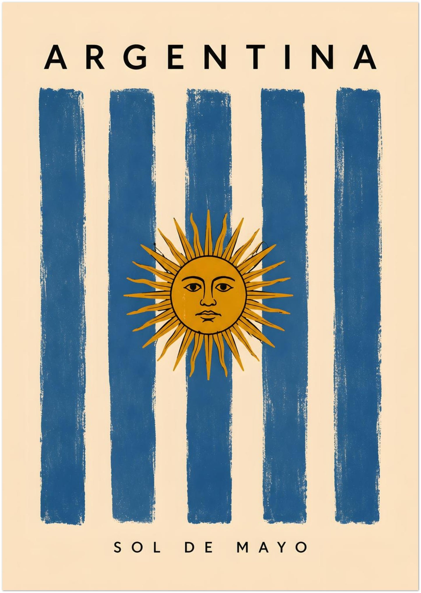 8 x 12 inch unframed Argentina wall art showing bold blue and cream vertical stripes inspired by the national flag. The golden Sun of May forms the central focal point, with Argentina lettering above and Sol de Mayo below. A warm off-white background and distressed printed texture create a vintage Argentine travel poster appearance.