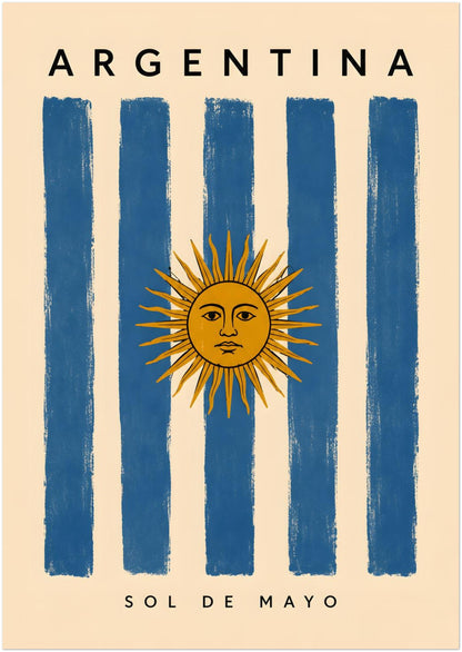 8 x 12 inch unframed Argentina wall art showing bold blue and cream vertical stripes inspired by the national flag. The golden Sun of May forms the central focal point, with Argentina lettering above and Sol de Mayo below. A warm off-white background and distressed printed texture create a vintage Argentine travel poster appearance.