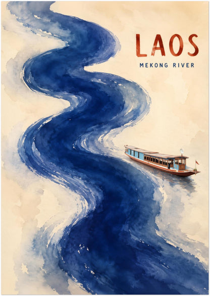 Unframed 8 x 12 inch Laos Mekong River poster with a winding cobalt and navy blue watercolour river flowing through a warm cream background. A small traditional boat sits on the lower right section, while red LAOS text appears at the top. A vertical Southeast Asian travel print with expressive brushwork and simple cultural styling.