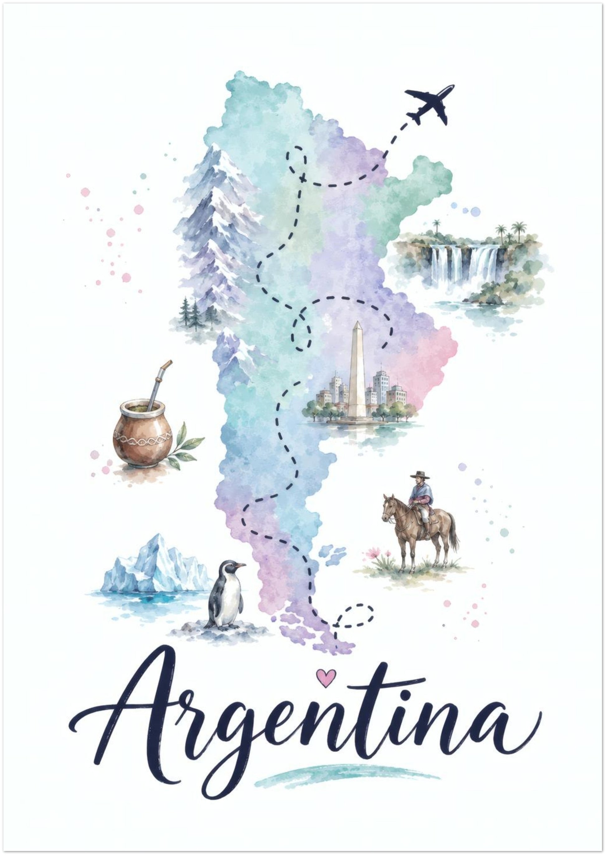 Unframed 8 x 12 inch Argentina wall art print in a vertical portrait format. A pastel watercolour map of Argentina is painted in soft blue, green and purple tones, with small wildlife, landscape and travel illustrations arranged around it. An aeroplane appears near the top, while large cursive Argentina lettering completes the cultural travel poster.