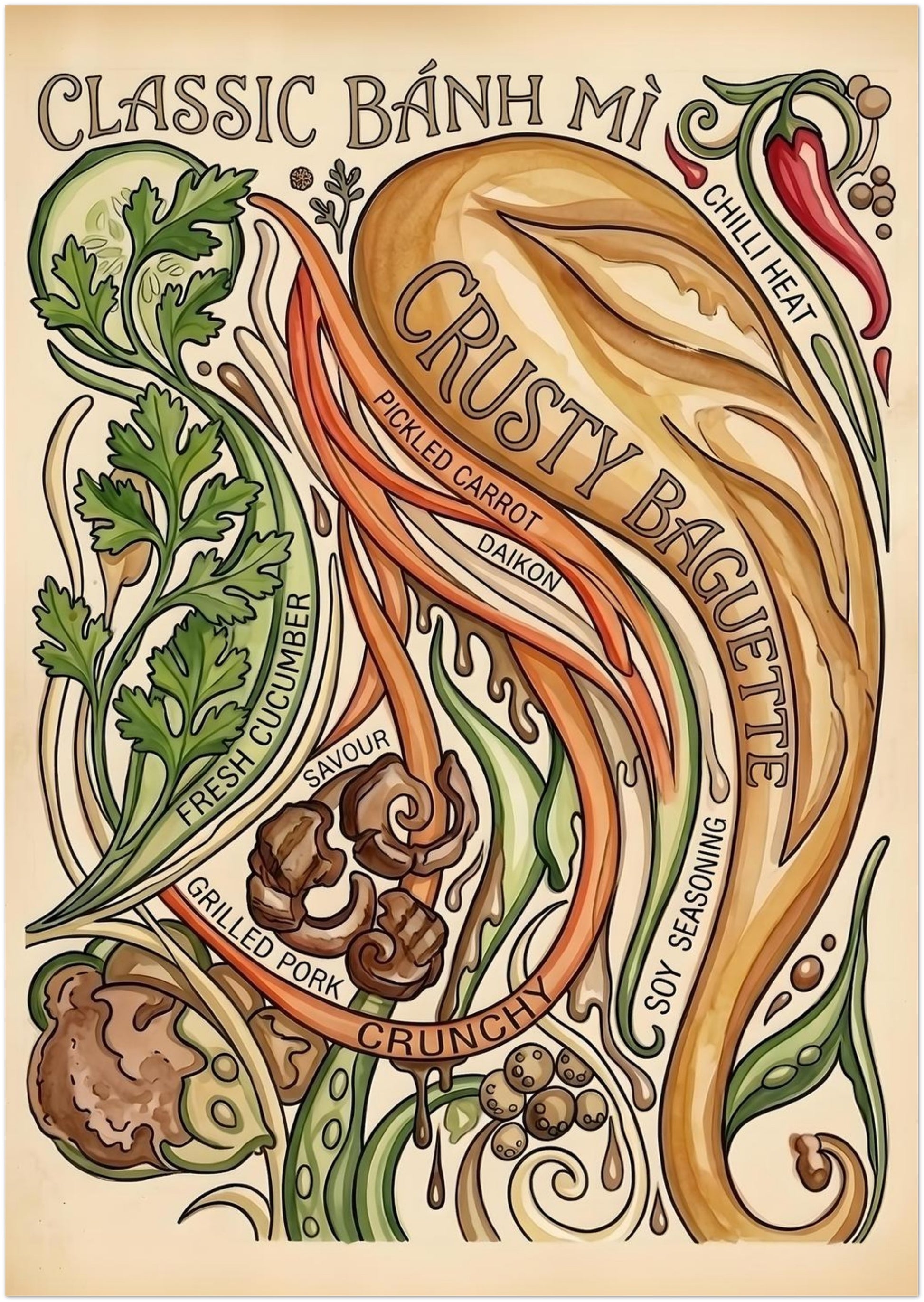 8x12 inch unframed Banh Mi food poster with a vintage Vietnamese sandwich recipe design. The artwork shows bread, chilli, herbs, cucumber, pickled carrot, daikon, grilled pork and flowing recipe-style lines. A slim kitchen print for small wall spaces, cafés, dining rooms and food lovers.