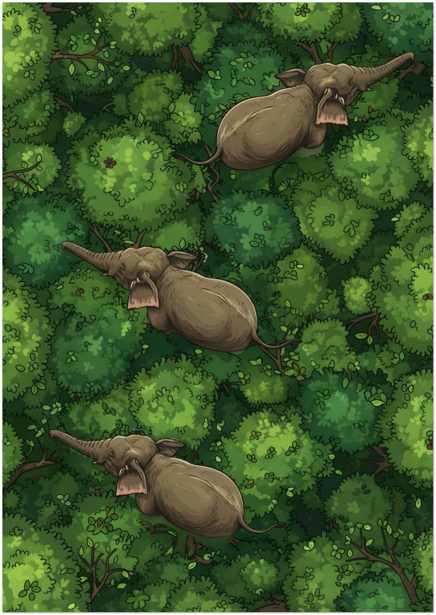 8x12 inch unframed jungle elephant poster showing three elephants moving through a rich green forest canopy seen from above. The close overhead view highlights rounded leafy treetops, natural textures and soft brown elephant detail. The design works well for elephant poster searches, wildlife wall art, jungle animal decor and Southeast Asia inspired nature illustration.
