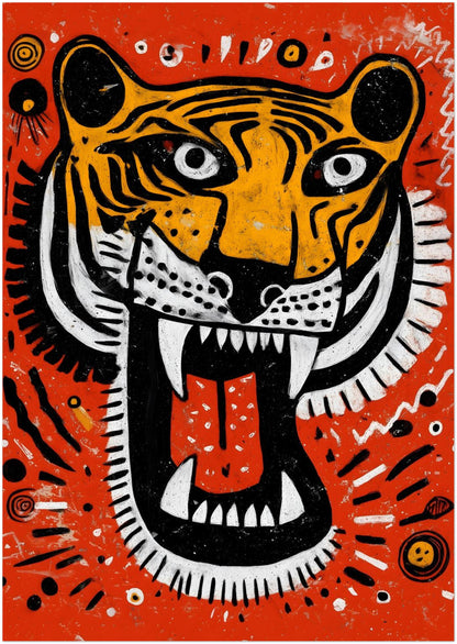 8x12 inch unframed Roaring Malayan Tiger poster featuring a bold orange background and aggressive tiger head illustration. The design shows sharp white teeth, red tongue and high contrast black and white stripes with tribal-style dotted accents. A modern folk wildlife art print inspired by Malaysia’s national animal, ideal for compact wall spaces or gallery walls.
