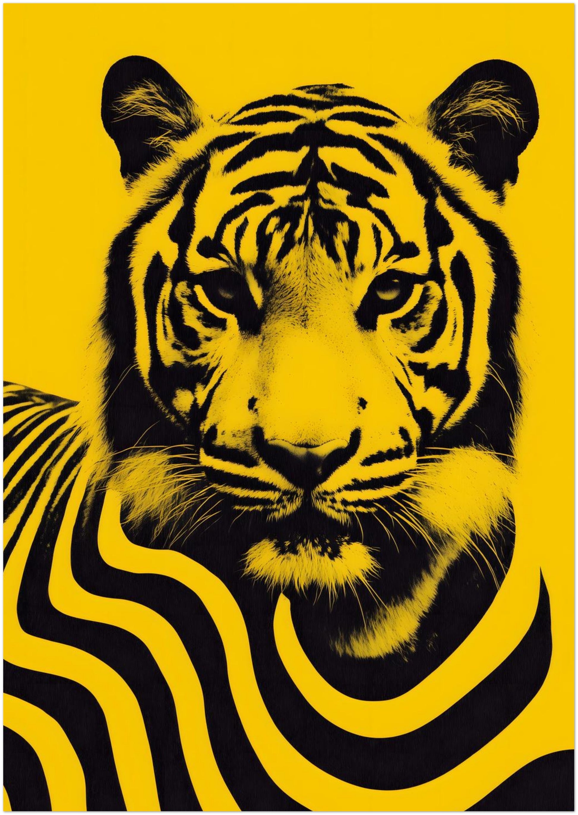 8x12 inch unframed Malaysian tiger poster featuring a bold black tiger portrait with flowing striped graphic patterns across the body, set against a vivid yellow background. The contemporary wildlife wall art design draws inspiration from Malaysia’s national animal and combines modern graphic illustration with strong contrast, creating a striking cultural art print suitable for bold interior decor.