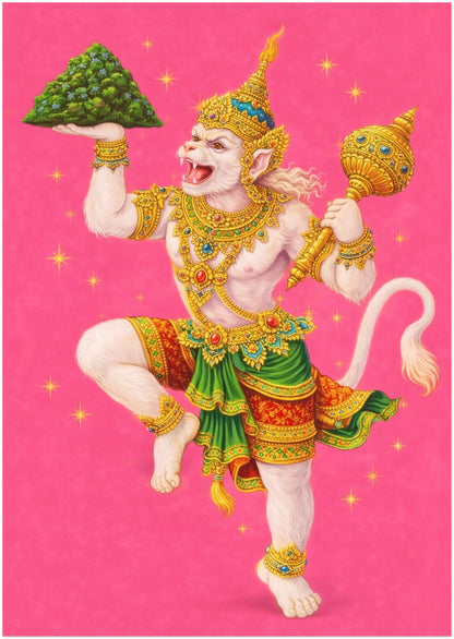 8x12 inch unframed Thai Hanuman Ramakien art print featuring the Hindu monkey god dancing against a vibrant pink background. The detailed illustration shows ornate gold and green traditional Thai costume with decorative embellishments. A compact spiritual mythology poster ideal for small wall spaces, desks or gallery arrangements inspired by Southeast Asian epic folklore.