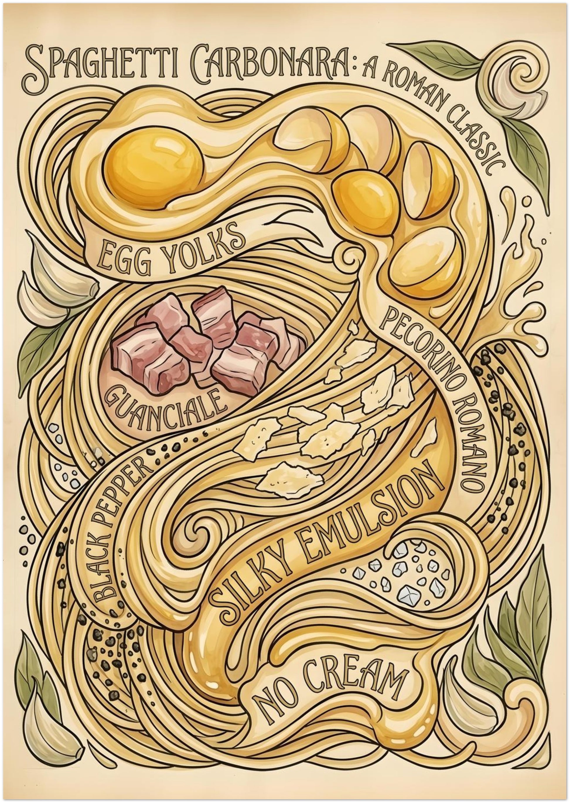 8x12 inch unframed carbonara poster with a detailed vintage food illustration inspired by the classic Roman pasta dish. The design shows tangled spaghetti strands, egg yolks, guanciale, herbs, garlic and cheese drawn in a hand-finished style on a warm beige base. Slim vertical pasta wall art suited to kitchen decor, dining spaces, shelf ledges or narrow wall gaps needing an Italian food print.