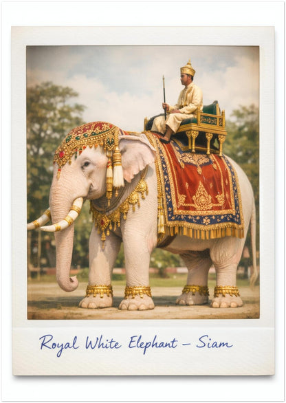 8x12 inch unframed Royal White Elephant Thailand poster in vintage Polaroid style. The artwork shows a decorated white elephant wearing red and gold royal cloth with gold ornaments, carrying a Thai royal figure in traditional dress holding a staff. A handwritten caption below adds a historic Siam travel art feel, ideal for Thai cultural wall decor.