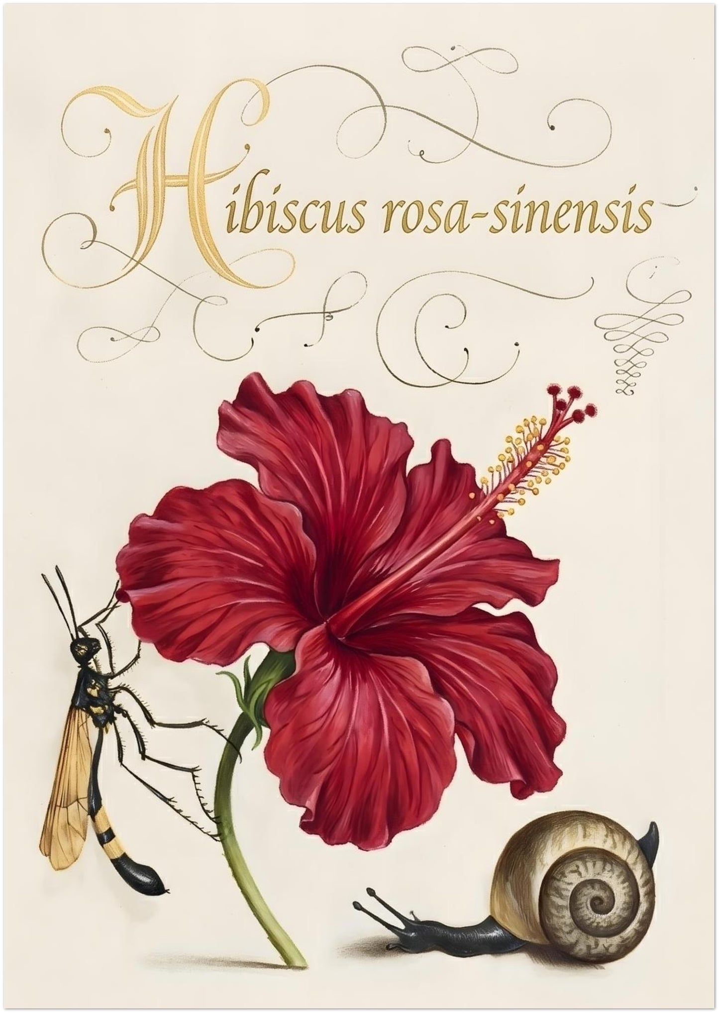 8x12 inch unframed hibiscus botanical illustration showing a red hibiscus flower in a vintage plant study style. The composition includes labelled Hibiscus rosa-sinensis script, natural shading and fine petal detail, with a small wasp and snail. Botanical flower artwork designed with a traditional scientific layout on a neutral cream background.
