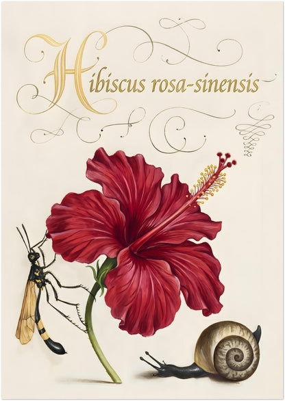 8x12 inch unframed hibiscus botanical illustration showing a red hibiscus flower in a vintage plant study style. The composition includes labelled Hibiscus rosa-sinensis script, natural shading and fine petal detail, with a small wasp and snail. Botanical flower artwork designed with a traditional scientific layout on a neutral cream background.