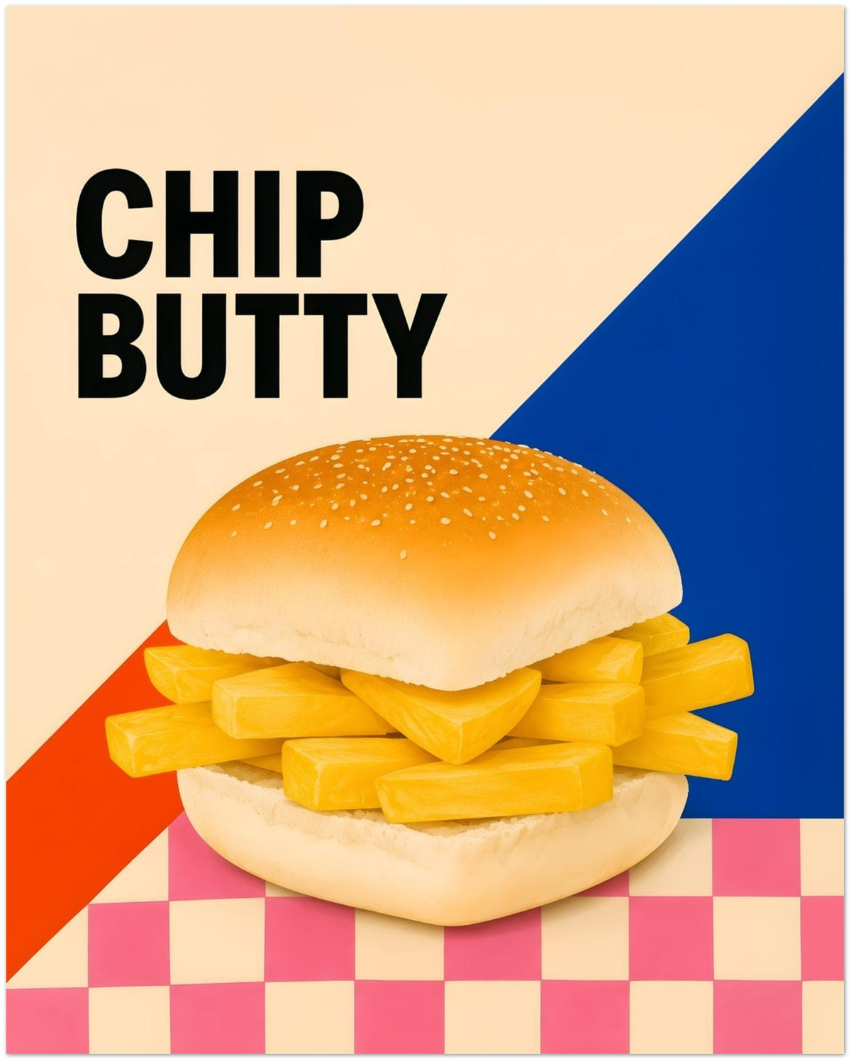 Chip Butty Print British Food Pop Art Poster Classic Uk Comfort Food Wall Art Northern Food Print Colourful Kitchen Artwork Foodie Gif displayed on Premium Paper (170 GSM) 40x50 cm / 16x20″
