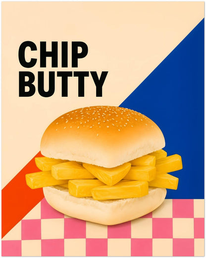 Chip Butty Print British Food Pop Art Poster Classic Uk Comfort Food Wall Art Northern Food Print Colourful Kitchen Artwork Foodie Gif displayed on Premium Paper (170 GSM) 40x50 cm / 16x20″
