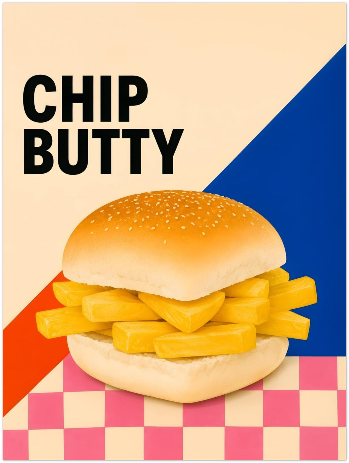 Chip Butty Print British Food Pop Art Poster Classic Uk Comfort Food Wall Art Northern Food Print Colourful Kitchen Artwork Foodie Gif displayed on Premium Paper (170 GSM) 45x60 cm / 18x24″
