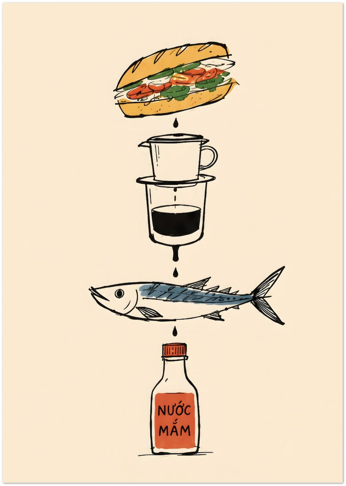 Vietnamese Food Staples Illustrated Poster displayed on Premium Paper (170 GSM) 21x29.7 cm / 8x12"