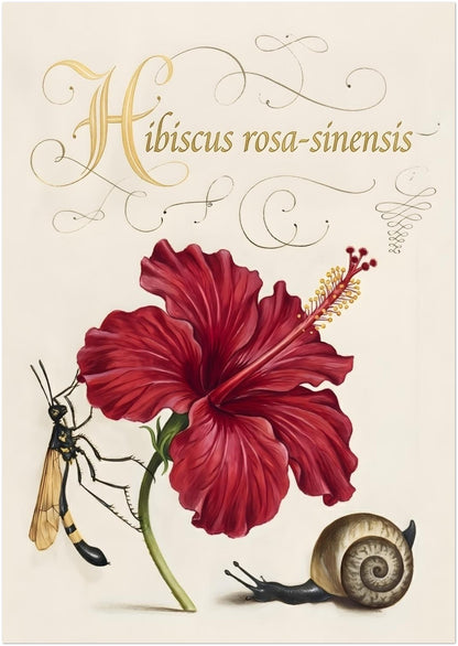 A0 size unframed hibiscus botanical illustration showing a large scale red hibiscus flower with natural shading and detailed petals. The artwork includes Hibiscus rosa-sinensis script along with a wasp and snail. Botanical flower print in a vintage natural history style on a cream background, designed for oversized wall displays.
