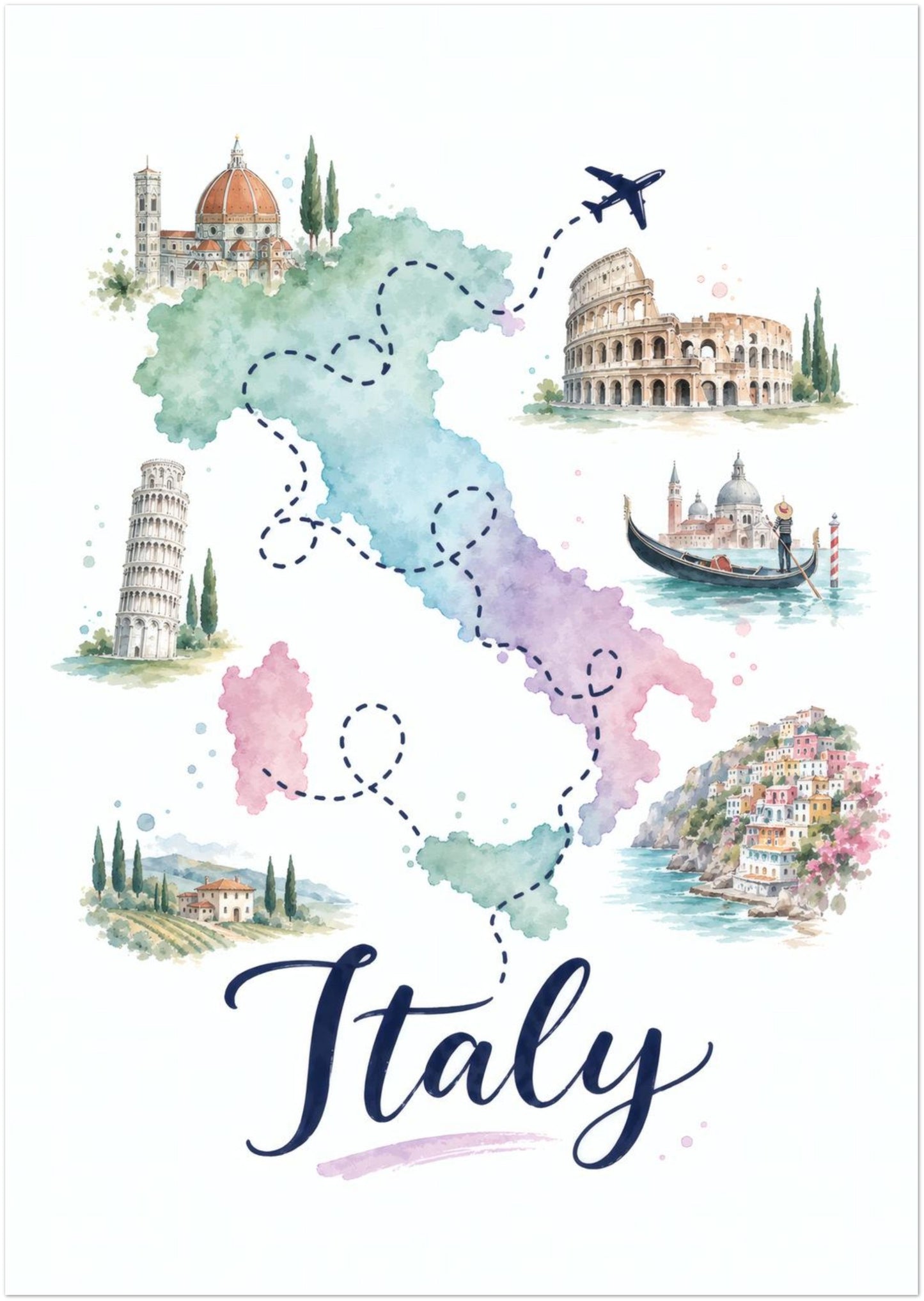 Unframed A0 Italy map poster featuring a large pastel watercolour illustration of the country. Soft green, blue, pink and purple regions are paired with dotted travel routes, a flying aeroplane and hand-painted Italian landmarks, architecture and coastal scenes. Large navy Italy lettering finishes the colourful portrait wall art.