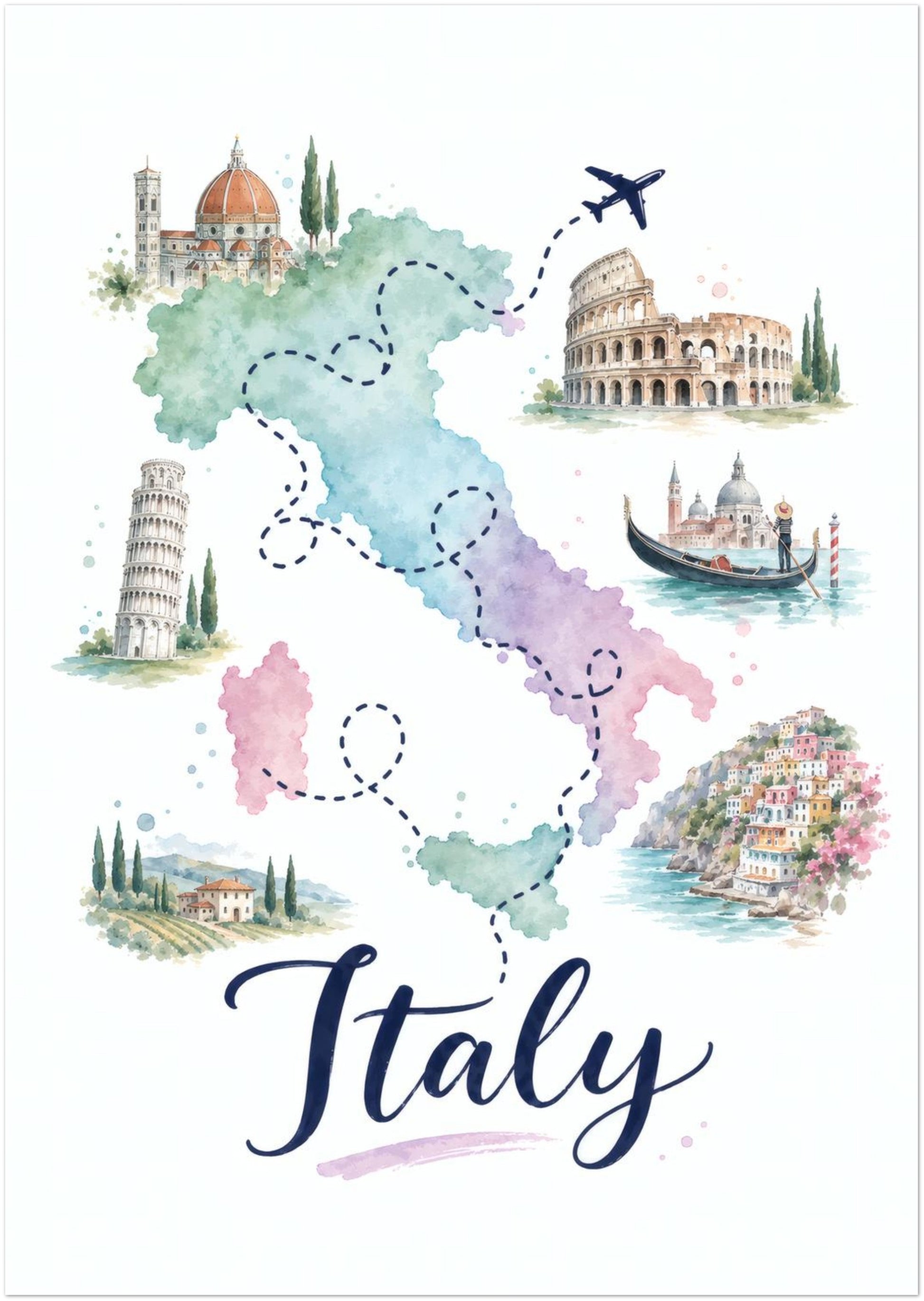 Unframed A0 Italy map poster featuring a large pastel watercolour illustration of the country. Soft green, blue, pink and purple regions are paired with dotted travel routes, a flying aeroplane and hand-painted Italian landmarks, architecture and coastal scenes. Large navy Italy lettering finishes the colourful portrait wall art.