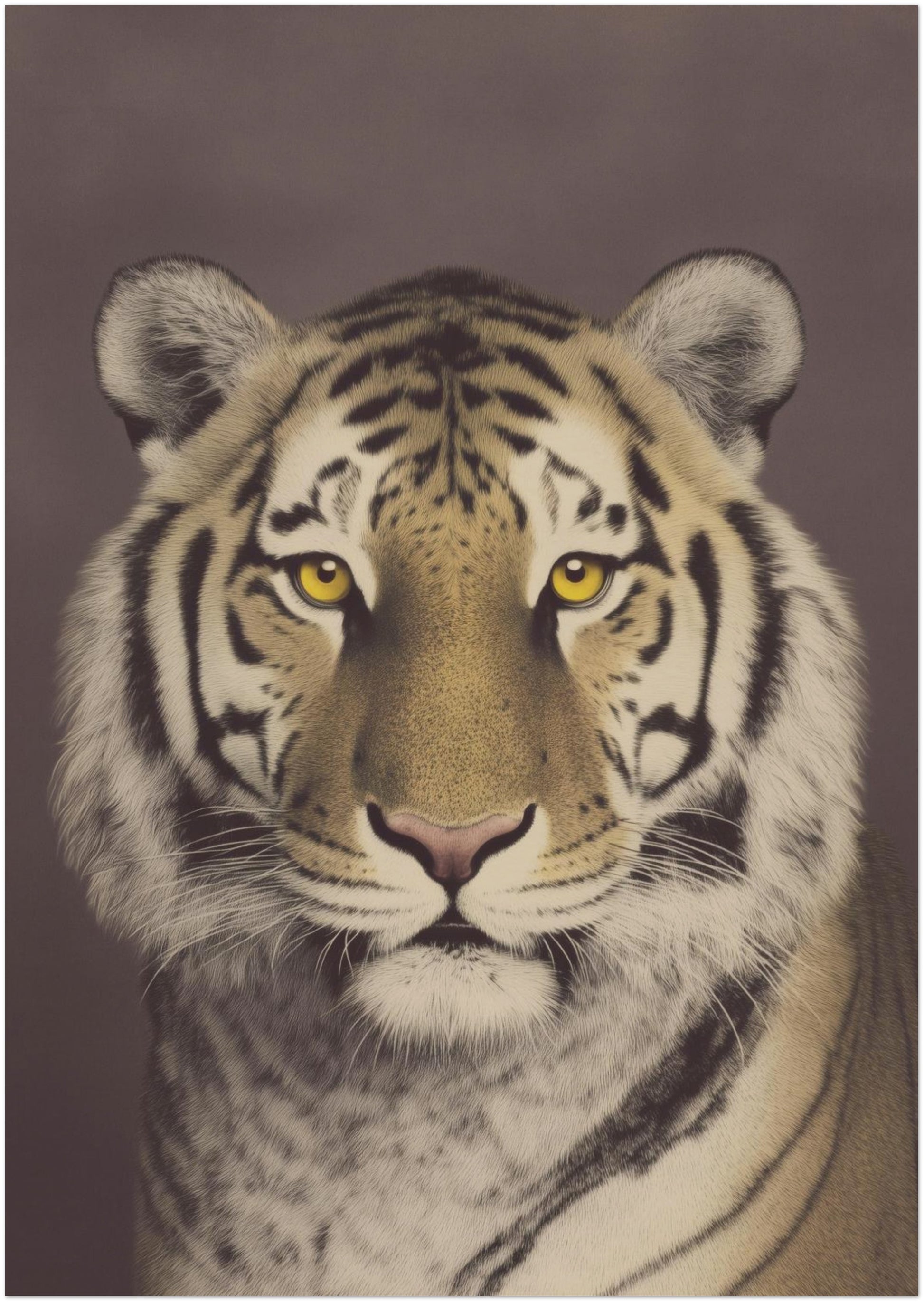 A0 unframed Malayan tiger extra large wall art print featuring a close-up big cat portrait with bold stripe detail and soft fur texture. Warm neutral brown background and vintage photographic style create a striking wildlife statement piece suited to large interior spaces and modern home decor.